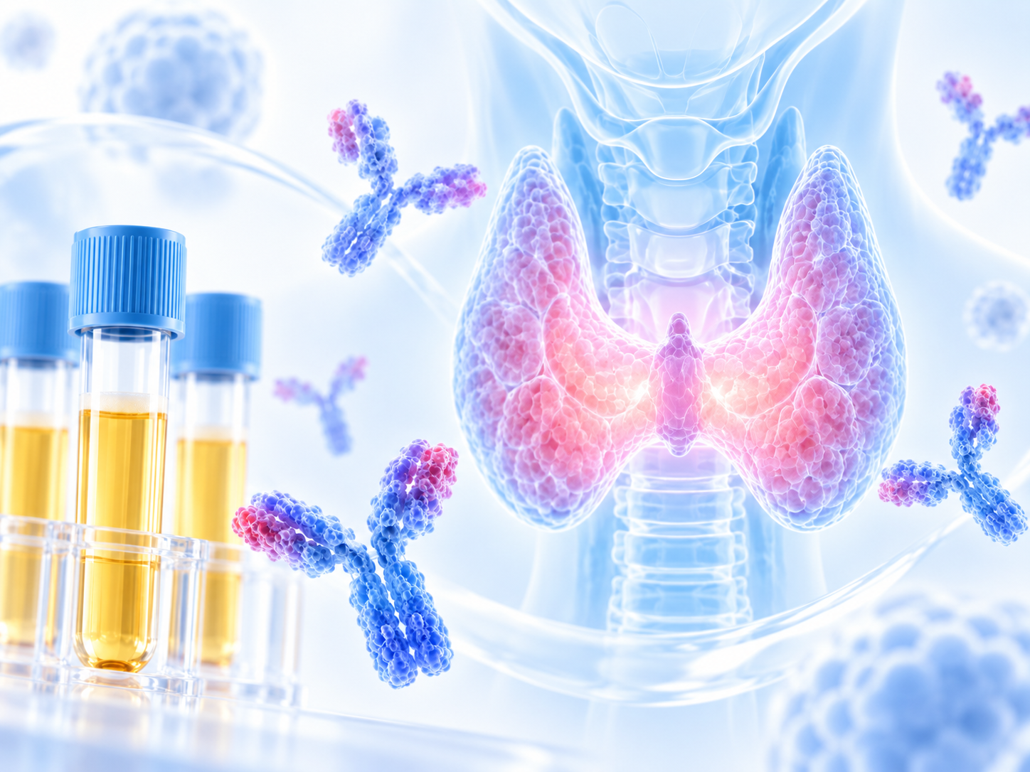 Thyroid gland anatomical illustration with antibody markers