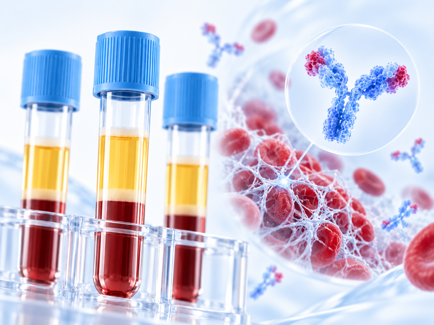 D-Dimer coagulation marker — red blood cells and fibrin illustration